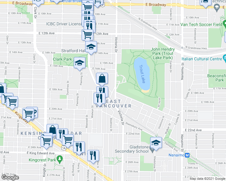 map of restaurants, bars, coffee shops, grocery stores, and more near 3451 Porter Street in Vancouver