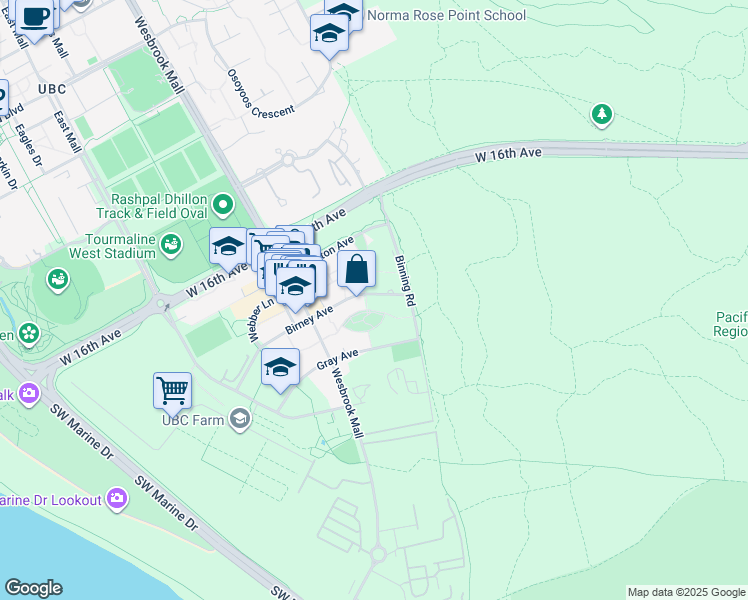 map of restaurants, bars, coffee shops, grocery stores, and more near 5638 Birney Avenue in University Endowment Lands