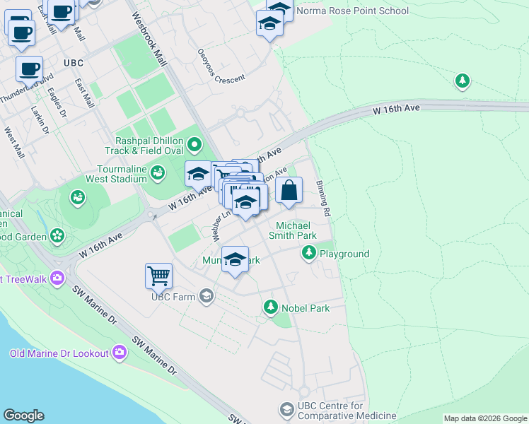 map of restaurants, bars, coffee shops, grocery stores, and more near 5777 Birney Avenue in University Endowment Lands