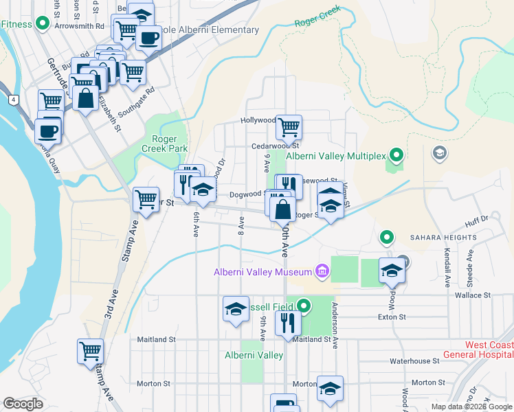 map of restaurants, bars, coffee shops, grocery stores, and more near 4455 Roger Street in Port Alberni