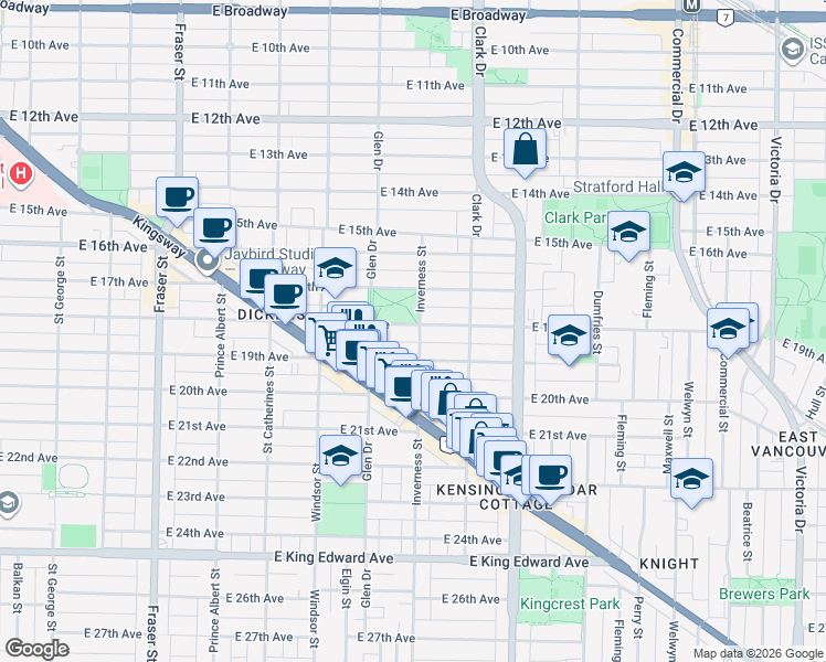 map of restaurants, bars, coffee shops, grocery stores, and more near in Vancouver