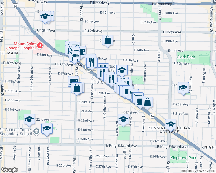map of restaurants, bars, coffee shops, grocery stores, and more near 902 Kingsway in Vancouver