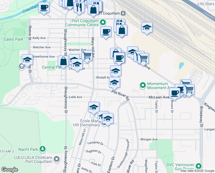 map of restaurants, bars, coffee shops, grocery stores, and more near 2157 Pitt River Road in Port Coquitlam