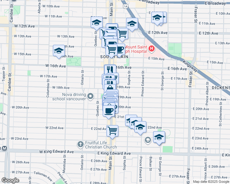 map of restaurants, bars, coffee shops, grocery stores, and more near 3480 Main Street in Vancouver