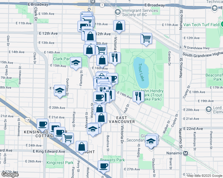 map of restaurants, bars, coffee shops, grocery stores, and more near 3451 Porter Street in Vancouver