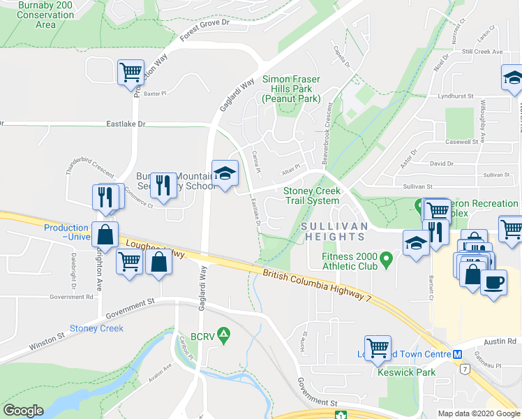 map of restaurants, bars, coffee shops, grocery stores, and more near 3365 Ganymede Drive in Burnaby