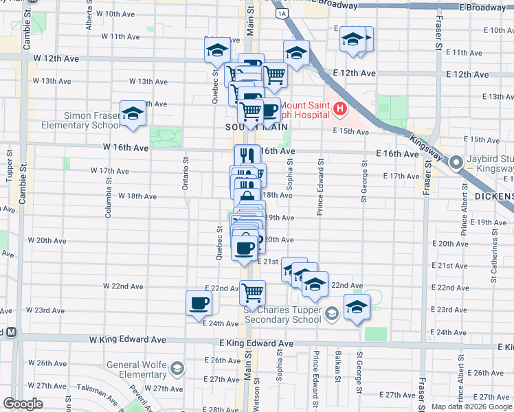 map of restaurants, bars, coffee shops, grocery stores, and more near 3480 Main Street in Vancouver