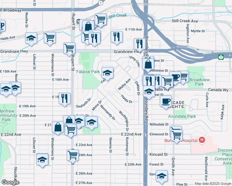 map of restaurants, bars, coffee shops, grocery stores, and more near 3506 Haida Drive in Vancouver