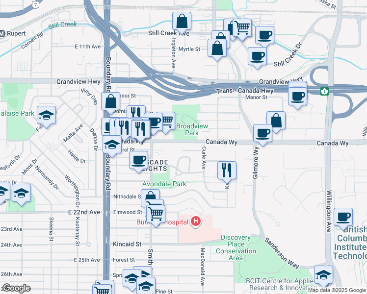 map of restaurants, bars, coffee shops, grocery stores, and more near 3960 Canada Way in Burnaby