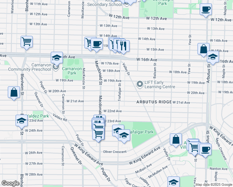 map of restaurants, bars, coffee shops, grocery stores, and more near in Vancouver