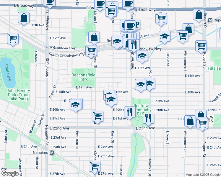 map of restaurants, bars, coffee shops, grocery stores, and more near 3349 Kaslo Street in Vancouver