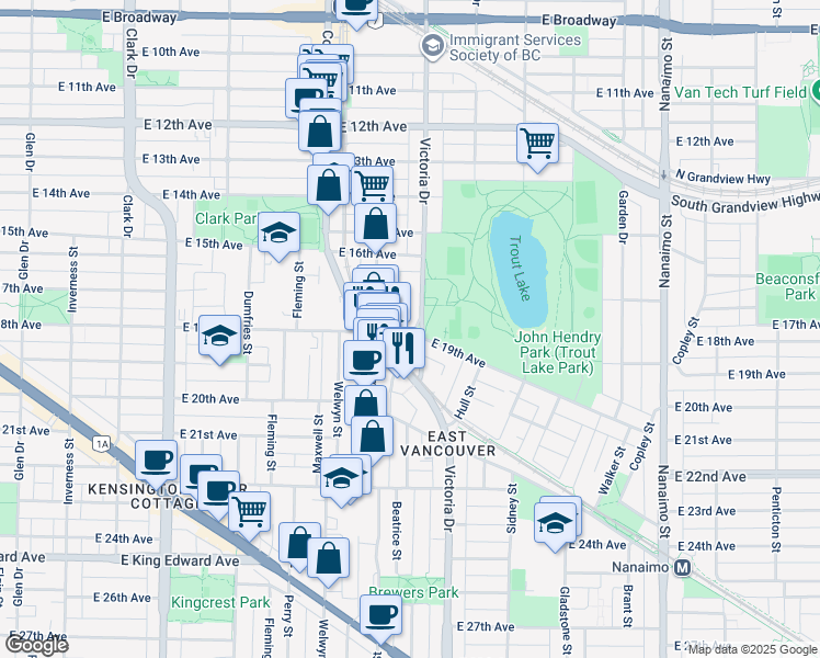 map of restaurants, bars, coffee shops, grocery stores, and more near 3439 Porter Street in Vancouver