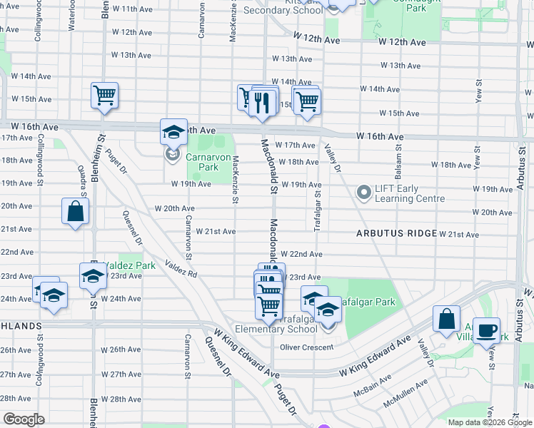 map of restaurants, bars, coffee shops, grocery stores, and more near 2814 West 20th Avenue in Vancouver