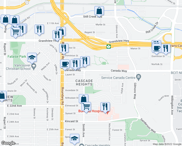 map of restaurants, bars, coffee shops, grocery stores, and more near 3883 Laurel Street in Burnaby