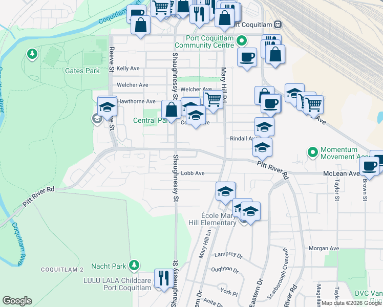 map of restaurants, bars, coffee shops, grocery stores, and more near 2266 Pitt River Road in Port Coquitlam