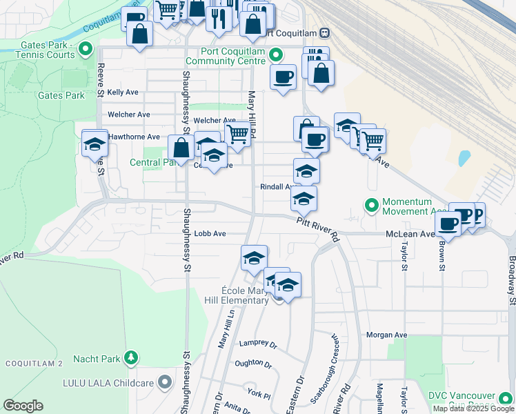 map of restaurants, bars, coffee shops, grocery stores, and more near 2118 Mary Hill Road in Port Coquitlam