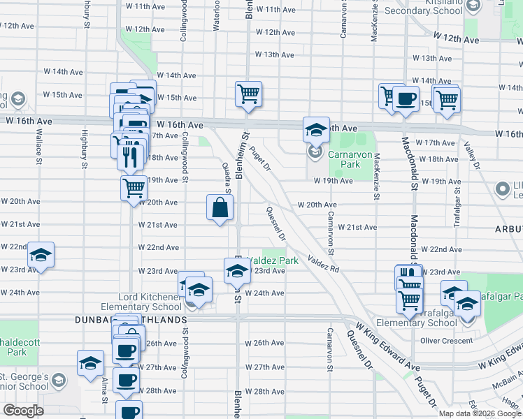 map of restaurants, bars, coffee shops, grocery stores, and more near 3250 West 20th Avenue in Vancouver