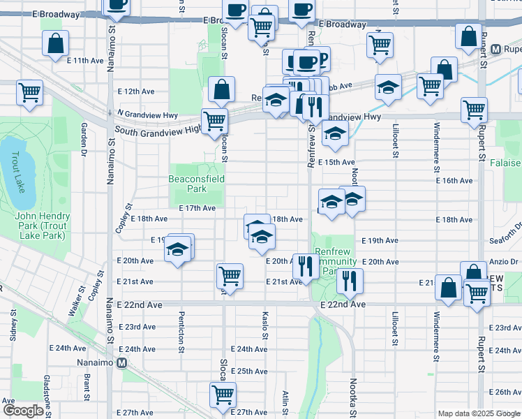 map of restaurants, bars, coffee shops, grocery stores, and more near 3351 Kaslo Street in Vancouver
