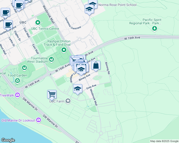 map of restaurants, bars, coffee shops, grocery stores, and more near 5777 Birney Avenue in Vancouver