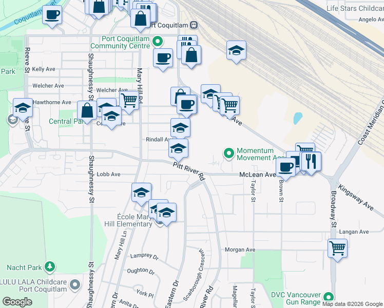 map of restaurants, bars, coffee shops, grocery stores, and more near 2070 Tyner Street in Port Coquitlam