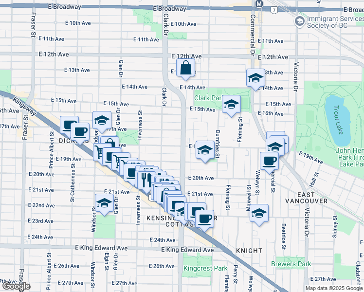 map of restaurants, bars, coffee shops, grocery stores, and more near Knight St & E 18th Ave in Vancouver