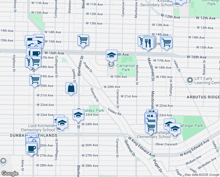 map of restaurants, bars, coffee shops, grocery stores, and more near 3078 West 20th Avenue in Vancouver
