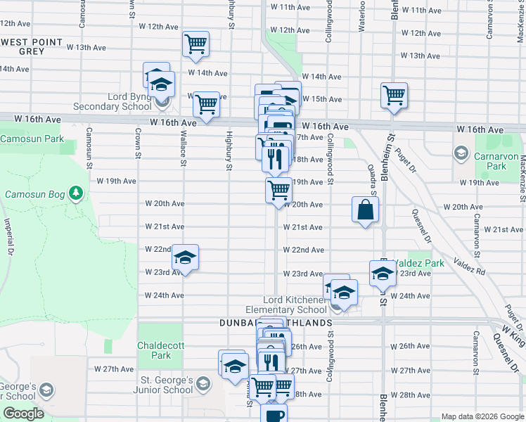 map of restaurants, bars, coffee shops, grocery stores, and more near 3620 West 20th Avenue in Vancouver