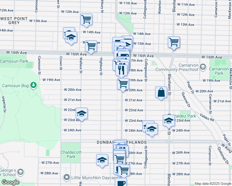 map of restaurants, bars, coffee shops, grocery stores, and more near 3620 West 20th Avenue in Vancouver