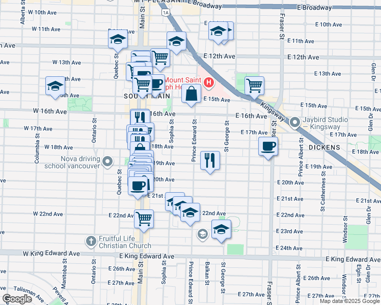 map of restaurants, bars, coffee shops, grocery stores, and more near 3415 Prince Edward Street in Vancouver