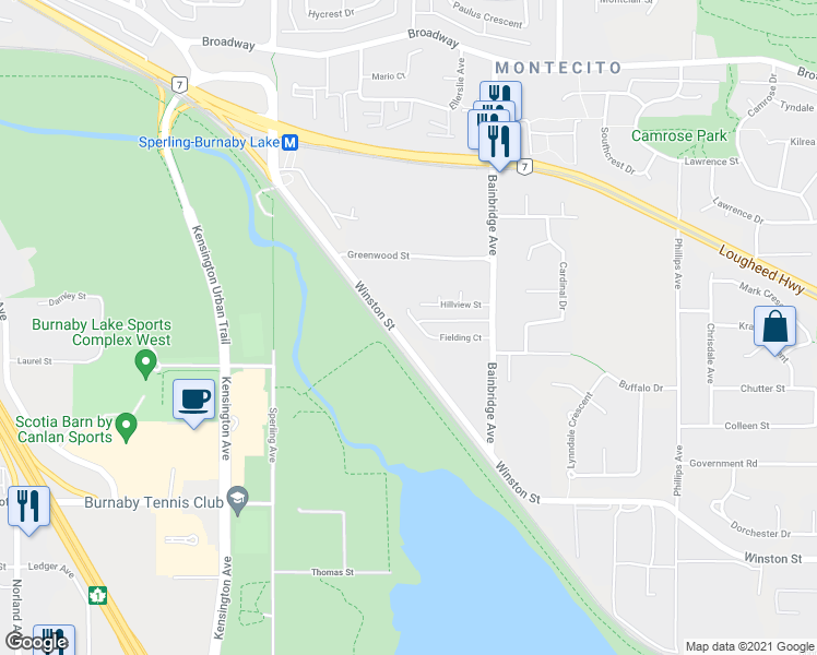 map of restaurants, bars, coffee shops, grocery stores, and more near 6998 Fielding Court in Burnaby