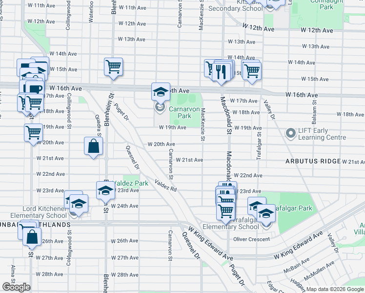 map of restaurants, bars, coffee shops, grocery stores, and more near in Vancouver