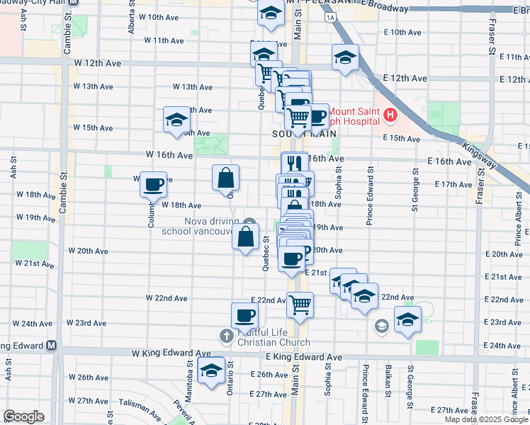 map of restaurants, bars, coffee shops, grocery stores, and more near 102 East 18th Avenue in Vancouver