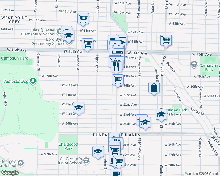 map of restaurants, bars, coffee shops, grocery stores, and more near 3642 West 20th Avenue in Vancouver