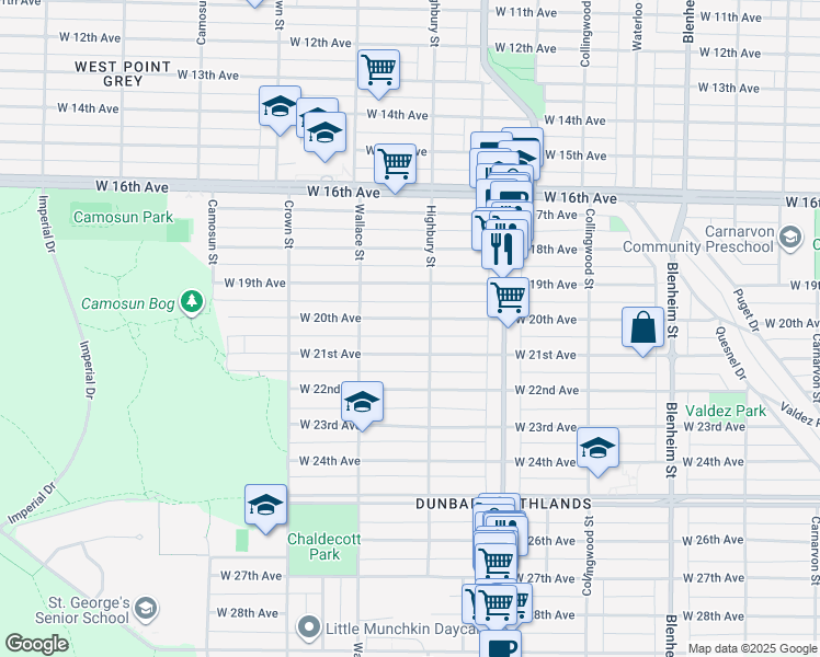 map of restaurants, bars, coffee shops, grocery stores, and more near 3824 West 20th Avenue in Vancouver