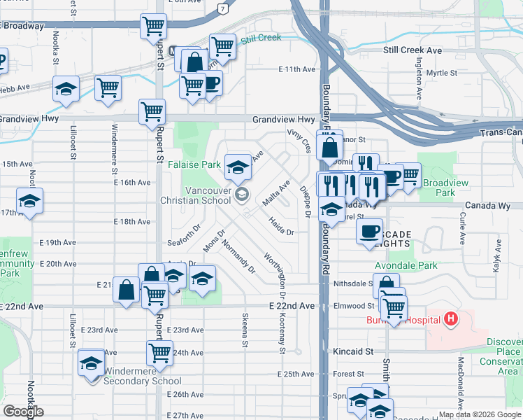 map of restaurants, bars, coffee shops, grocery stores, and more near 3506 Haida Drive in Vancouver