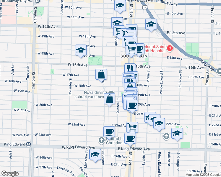 map of restaurants, bars, coffee shops, grocery stores, and more near 22 East 18th Avenue in Vancouver