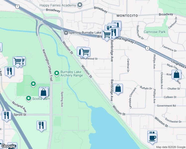 map of restaurants, bars, coffee shops, grocery stores, and more near 6998 Fielding Court in Burnaby