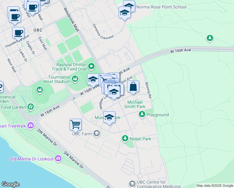 map of restaurants, bars, coffee shops, grocery stores, and more near 3358 Wesbrook Mall in Vancouver