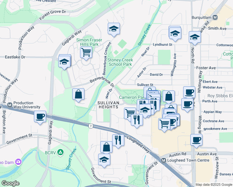 map of restaurants, bars, coffee shops, grocery stores, and more near 3287 Beaverbrook Drive in Burnaby