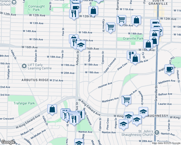map of restaurants, bars, coffee shops, grocery stores, and more near West 19th Avenue in Vancouver