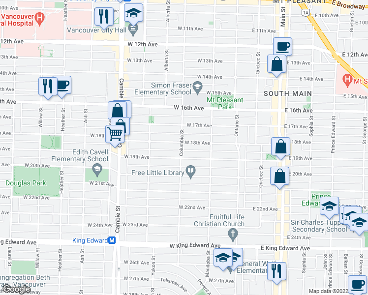 map of restaurants, bars, coffee shops, grocery stores, and more near 196 West 18th Avenue in Vancouver