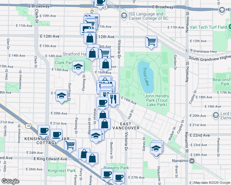 map of restaurants, bars, coffee shops, grocery stores, and more near 3431 Porter Street in Vancouver