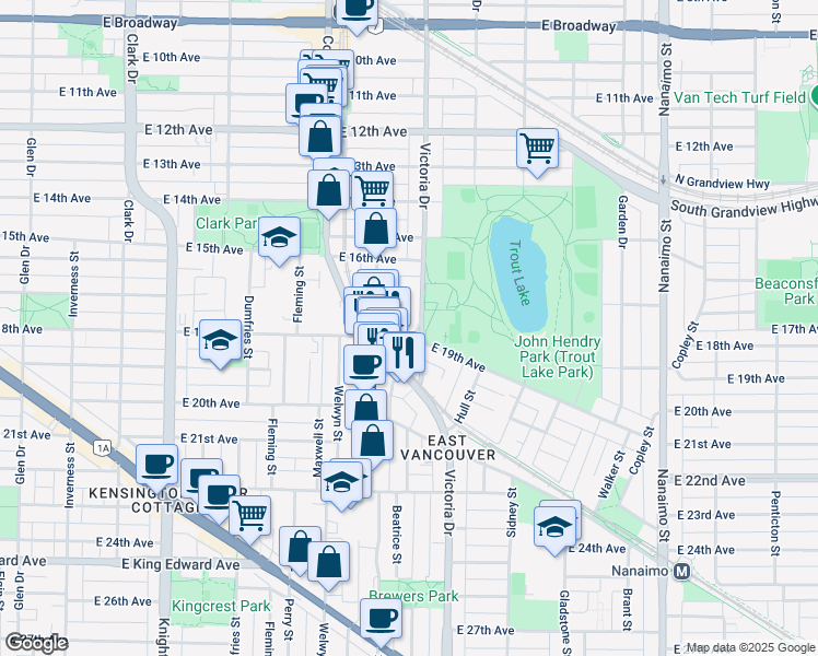map of restaurants, bars, coffee shops, grocery stores, and more near 3429 Porter Street in Vancouver