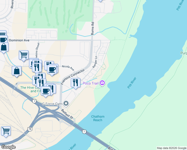 map of restaurants, bars, coffee shops, grocery stores, and more near 2310 Ranger Lane in Port Coquitlam
