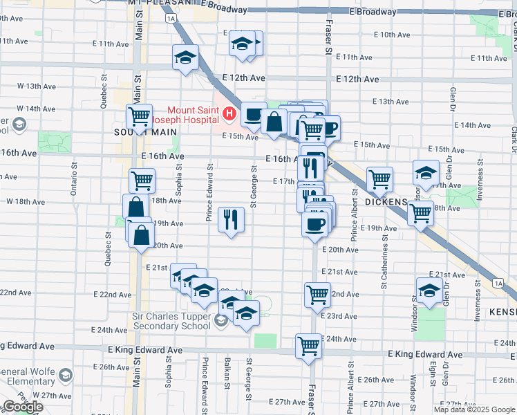 map of restaurants, bars, coffee shops, grocery stores, and more near 502 East 18th Avenue in Vancouver