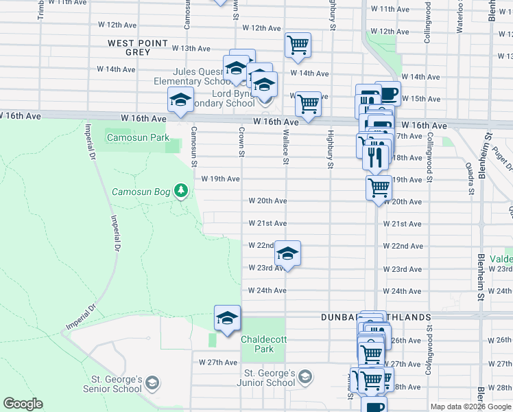 map of restaurants, bars, coffee shops, grocery stores, and more near 3968 West 20th Avenue in Vancouver