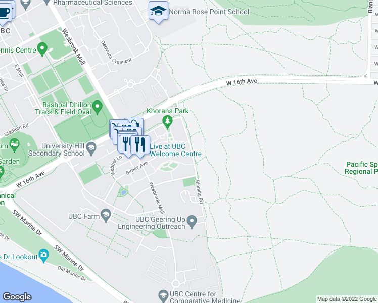 map of restaurants, bars, coffee shops, grocery stores, and more near 5628 Birney Avenue in Vancouver