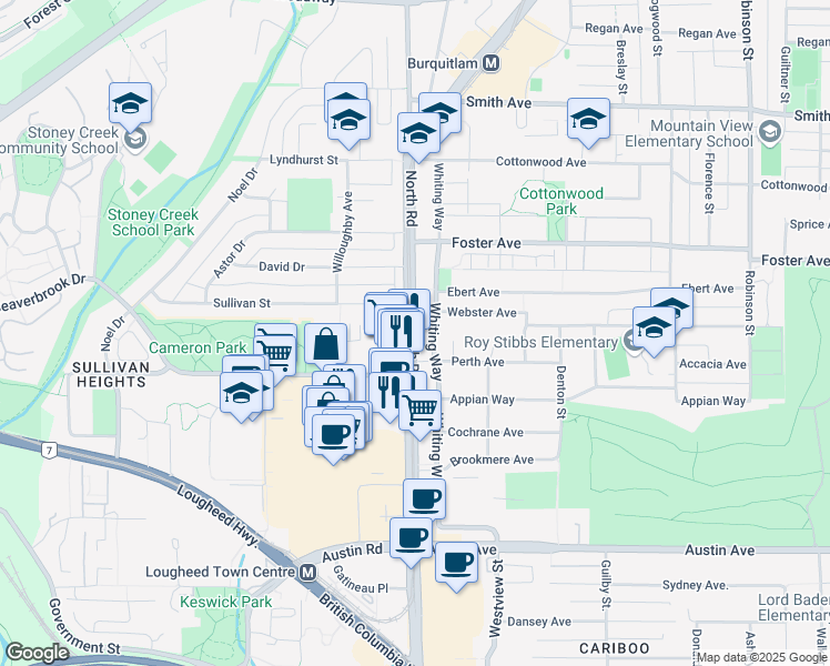 map of restaurants, bars, coffee shops, grocery stores, and more near in Coquitlam
