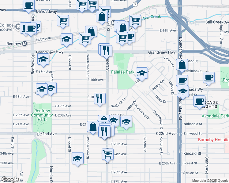 map of restaurants, bars, coffee shops, grocery stores, and more near in Vancouver