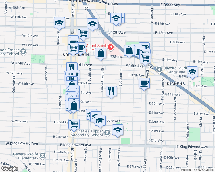 map of restaurants, bars, coffee shops, grocery stores, and more near in Vancouver